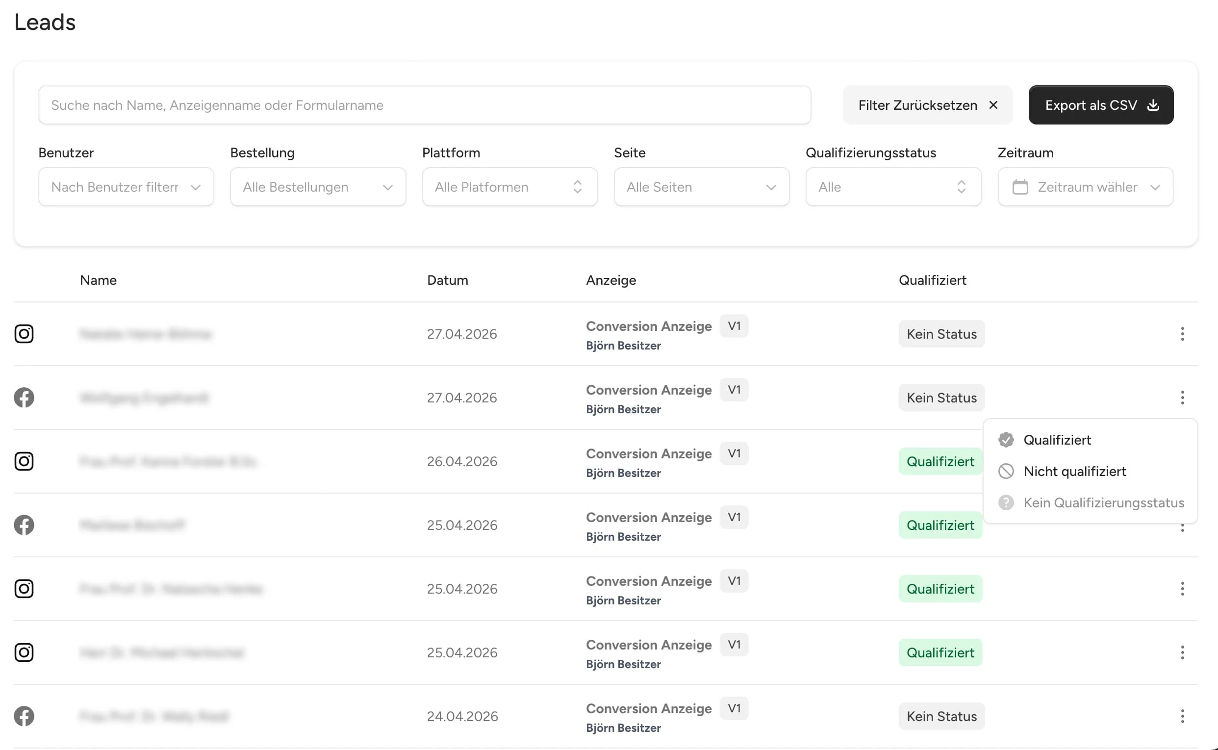 adfinity Lead Center mit Qualifizierungsstatus je Lead
