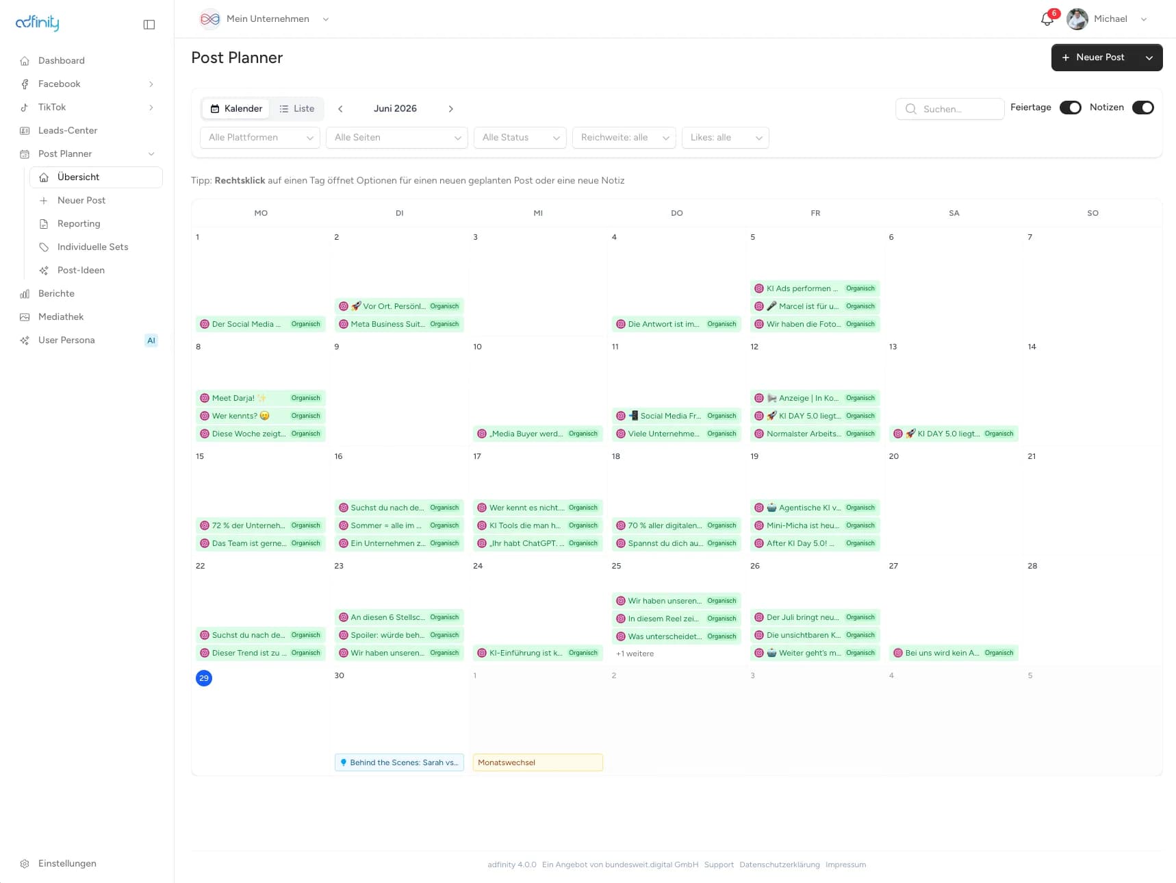 adfinity Post Planner Kalenderansicht mit geplanten Beiträgen