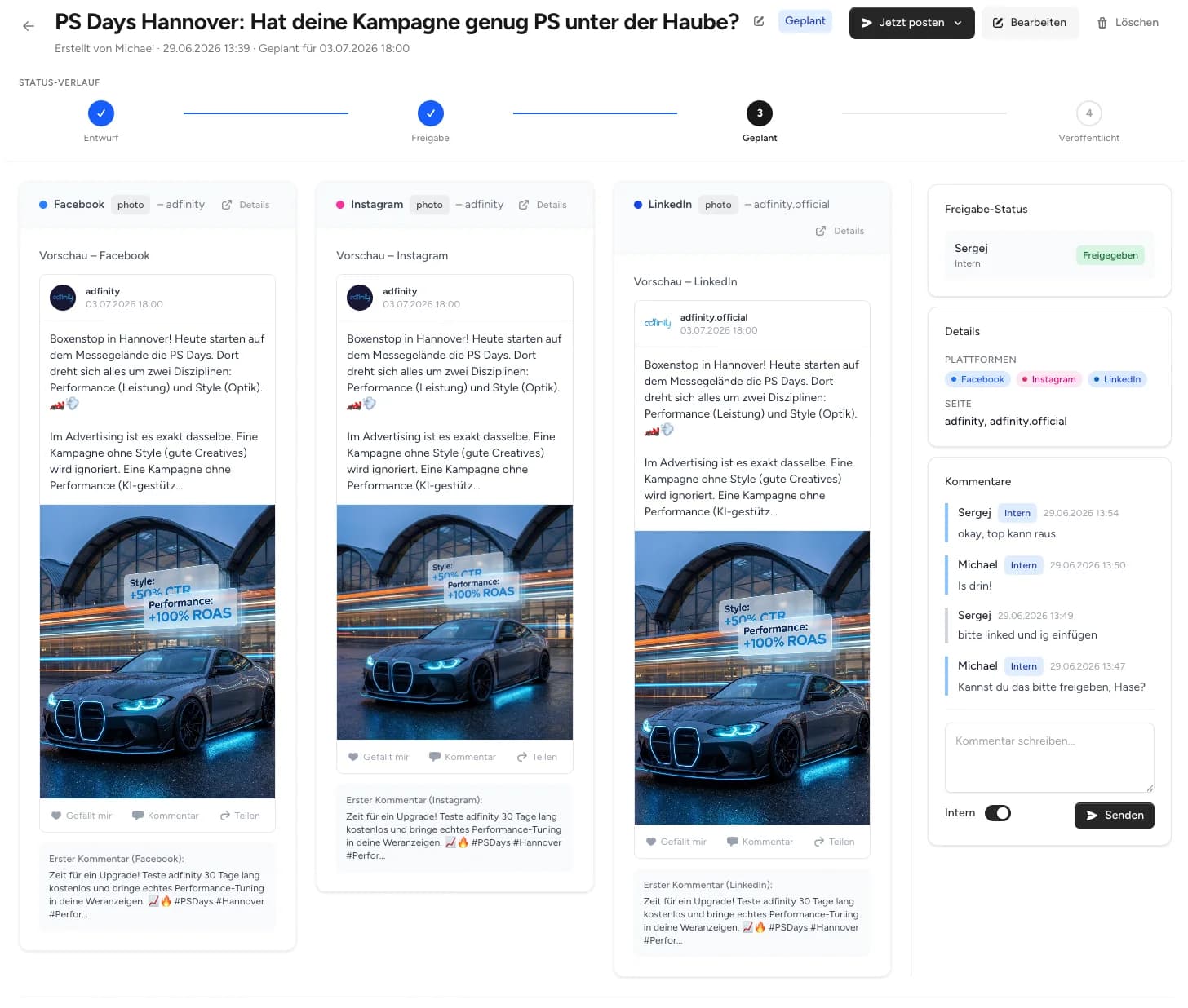 Freigabeprozess mit Chat für Agentur-Kunden in adfinity