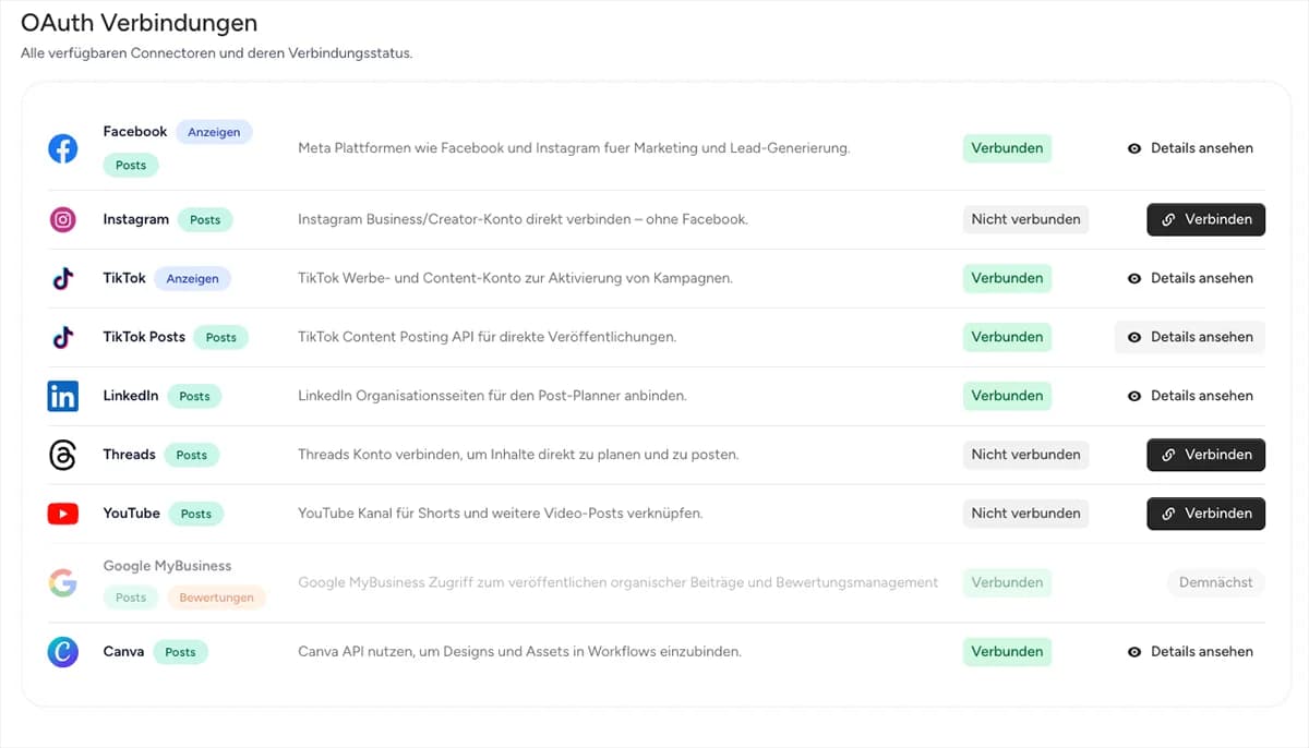 Alle Social-Media-Kanäle in adfinity verbunden — Facebook, Instagram, TikTok, LinkedIn, Threads, YouTube, Google Business Profile und Canva