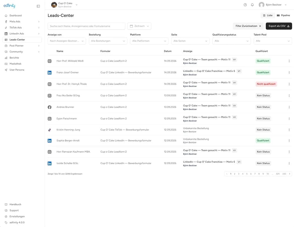 Leads-Center in adfinity: Anfragen mit Qualifizierungsstatus, Filtern und CSV-Export