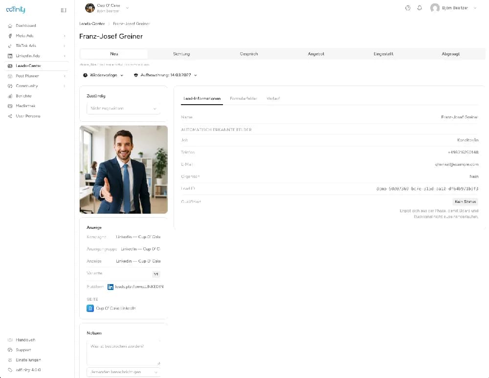 Einzelner Lead in adfinity mit Phase, Wiedervorlage und Notizen
