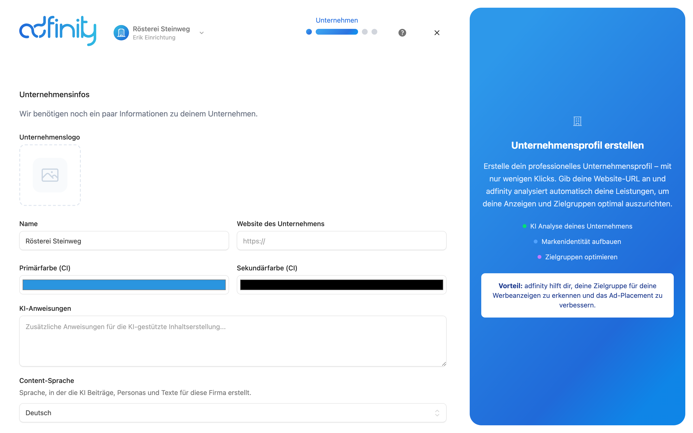 Zweiter Wizard-Schritt mit den Feldern für Name, Website, Logo und Farben