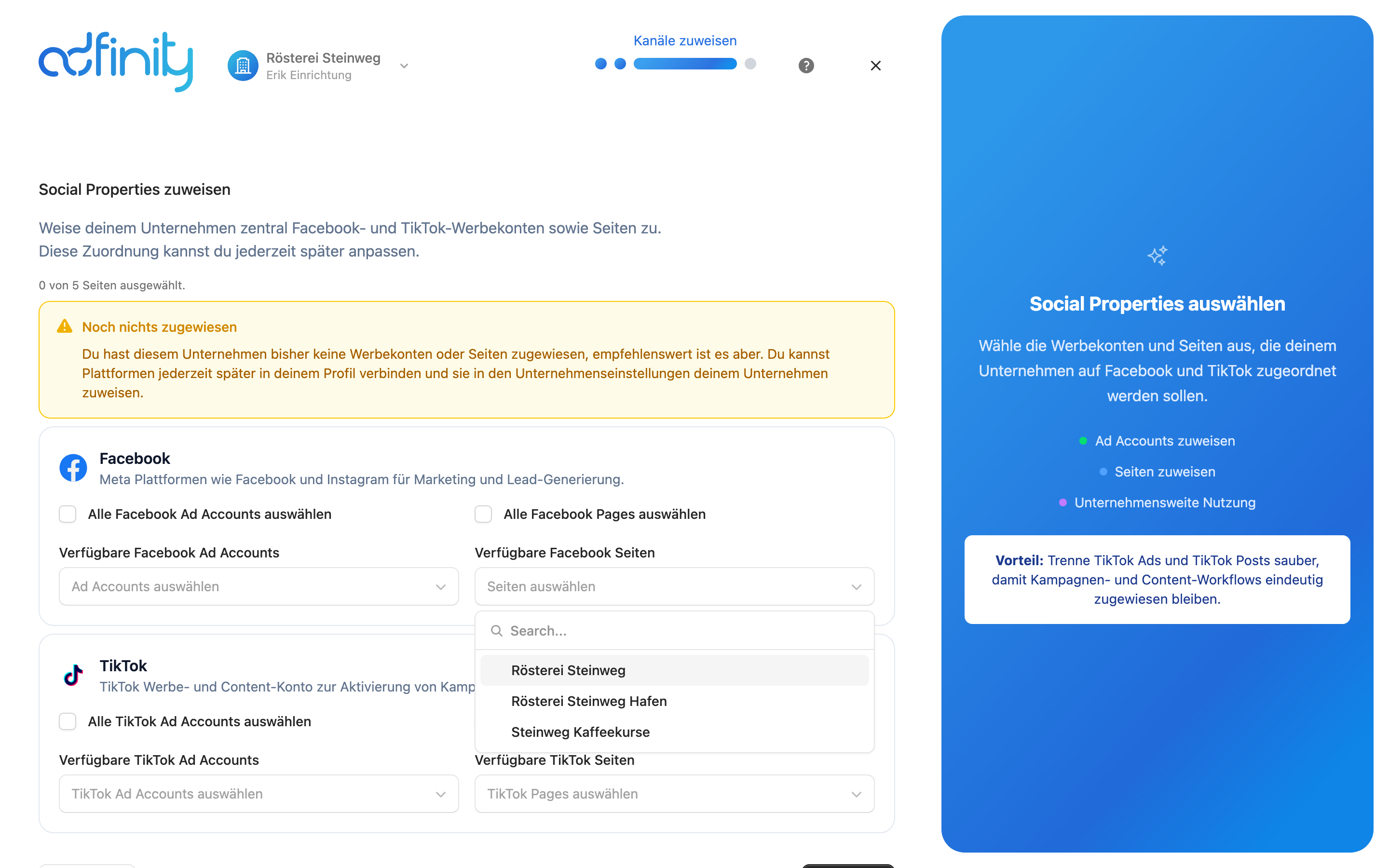 Dritter Wizard-Schritt mit den Blöcken für Facebook und TikTok und der geöffneten Seitenauswahl