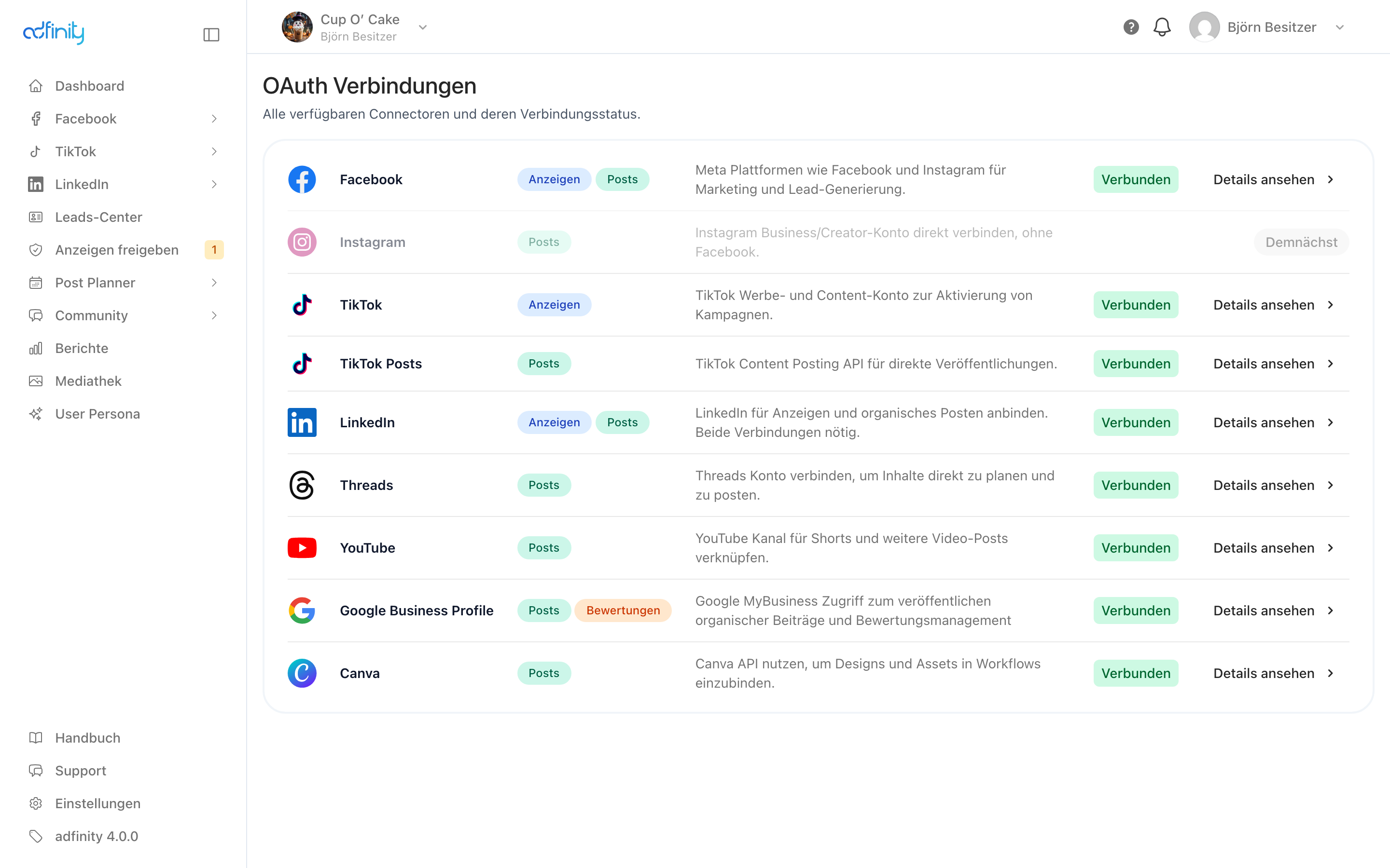 Die Seite OAuth Verbindungen mit einer Zeile je Plattform, ihren Kategorien, dem Status Verbunden und der Schaltfläche Details ansehen