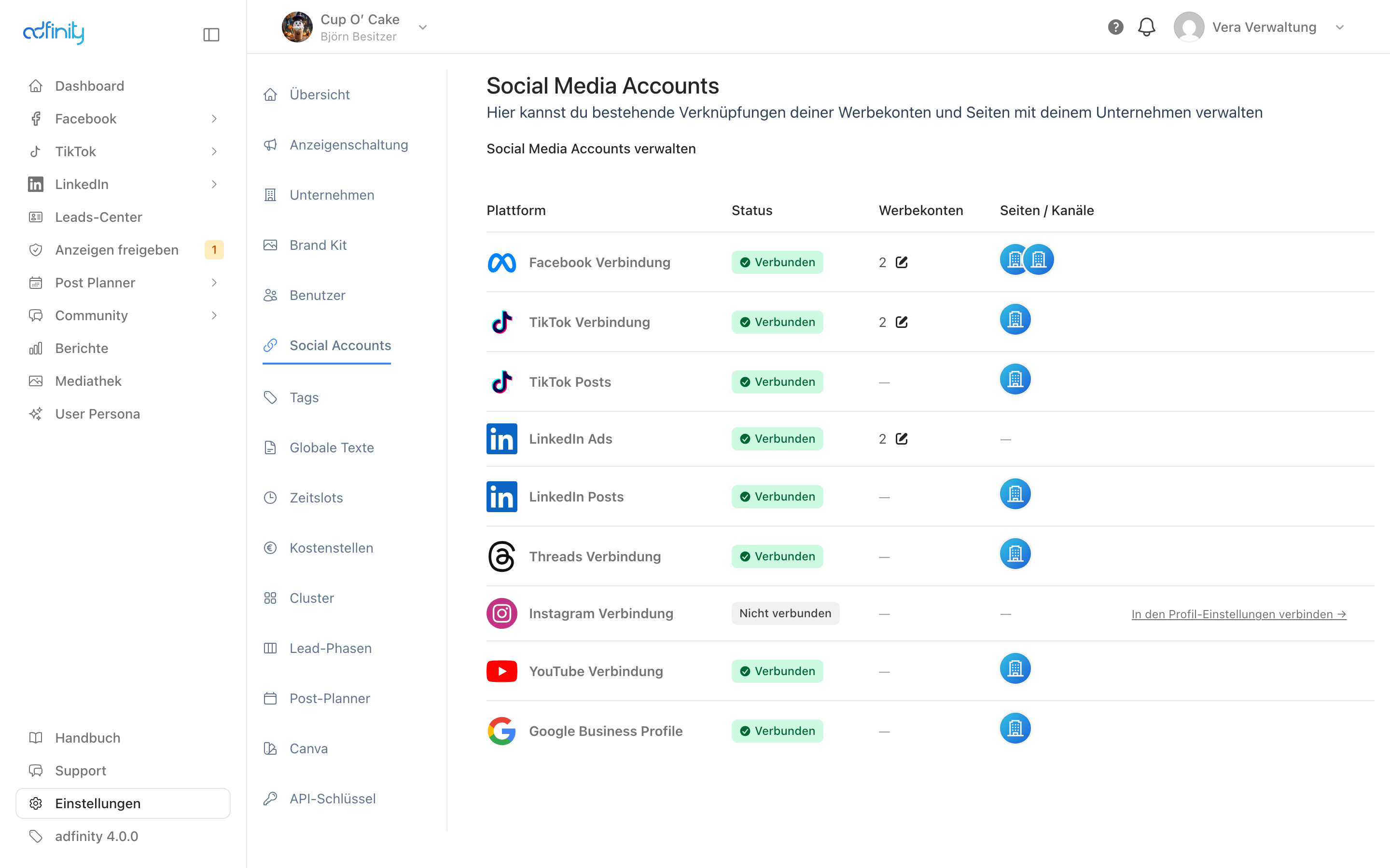 Die Seite Social Media Accounts als Tabelle mit Plattform, Status, Werbekonten und Seiten je Zeile