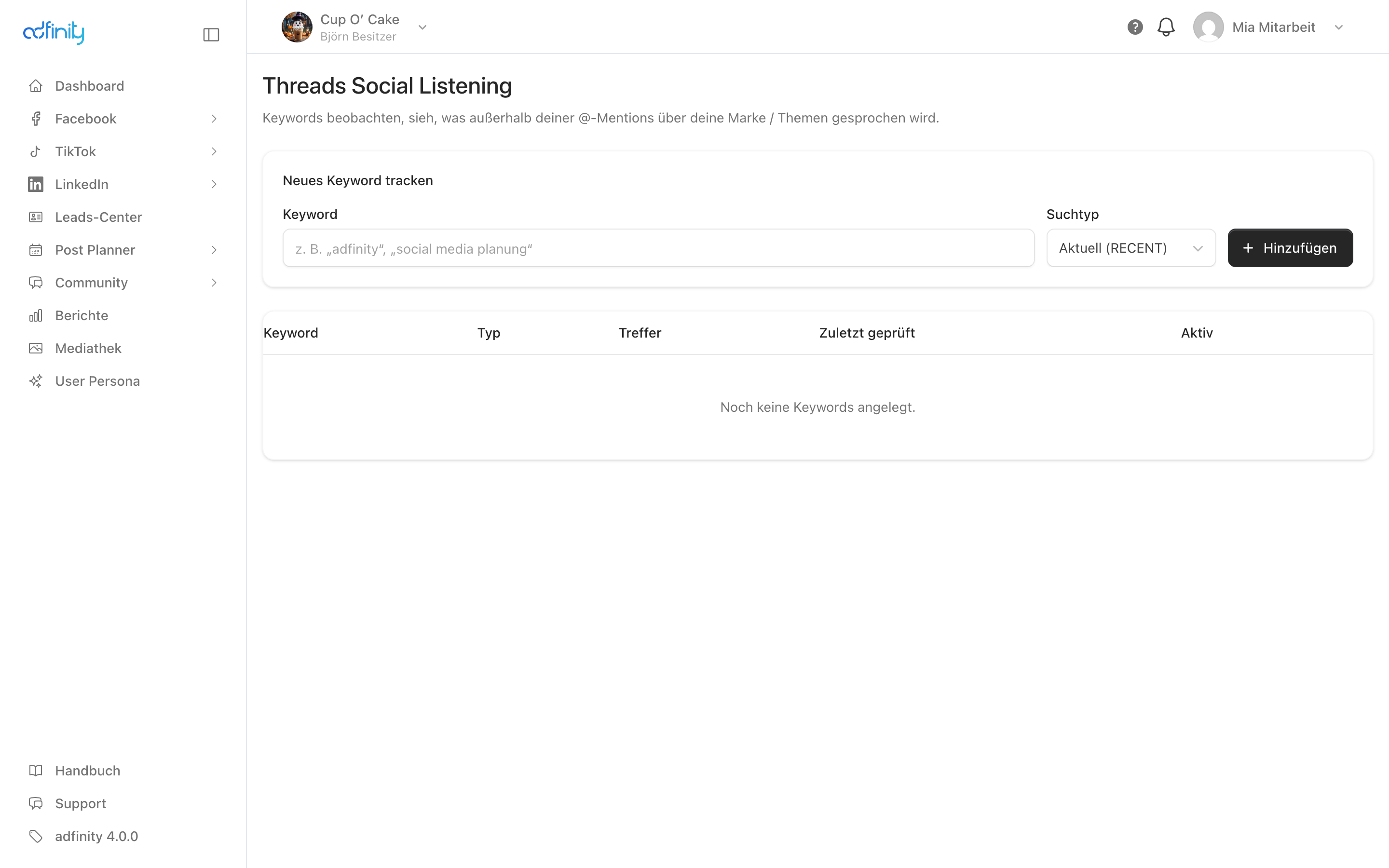 Die Seite Threads Social Listening mit dem Formular für ein neues Keyword und der noch leeren Keyword-Tabelle
