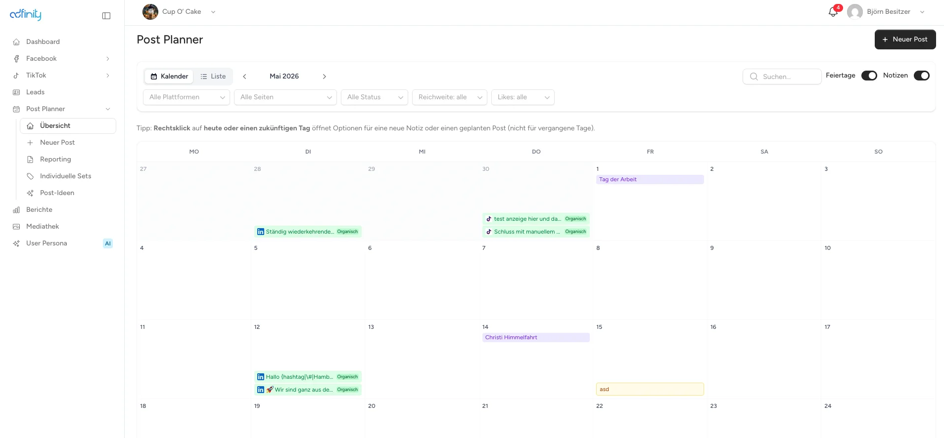 Social Media Post Planner Kalenderansicht