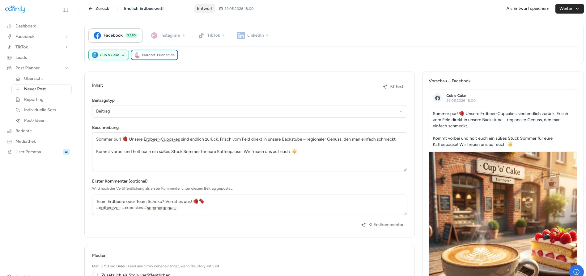 Social Media Post Planner neuen Post planen mit adfinity