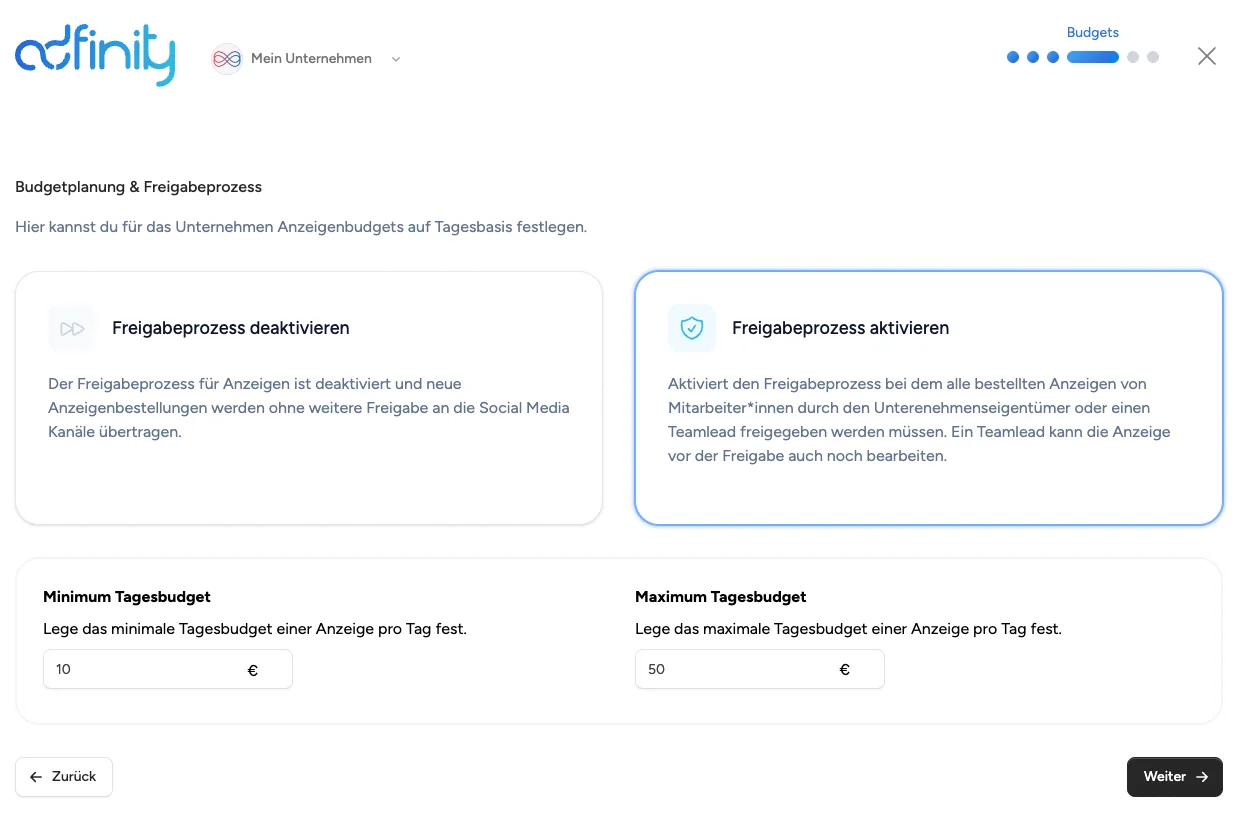 Company Wizard Budgetplanung und Freigabeprozess einstellen
