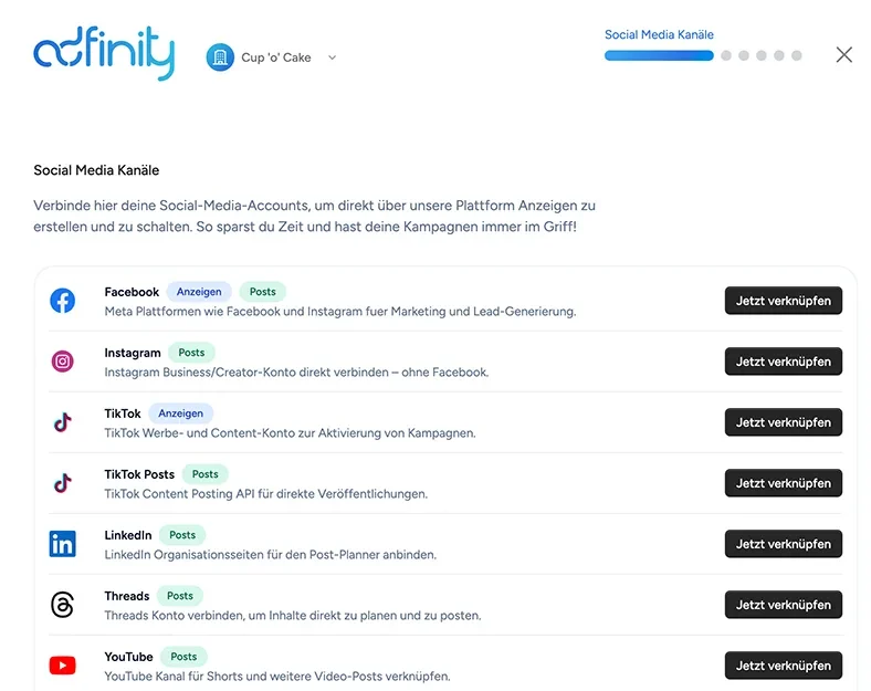 adfinity Social Media Kanäle verbinden